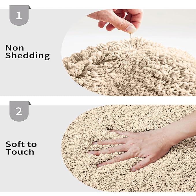 Beige bathmat with non-shedding and soft-to-touch texture, hand demonstrating softness.