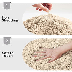 Beige bathmat with non-shedding and soft-to-touch texture, hand demonstrating softness.