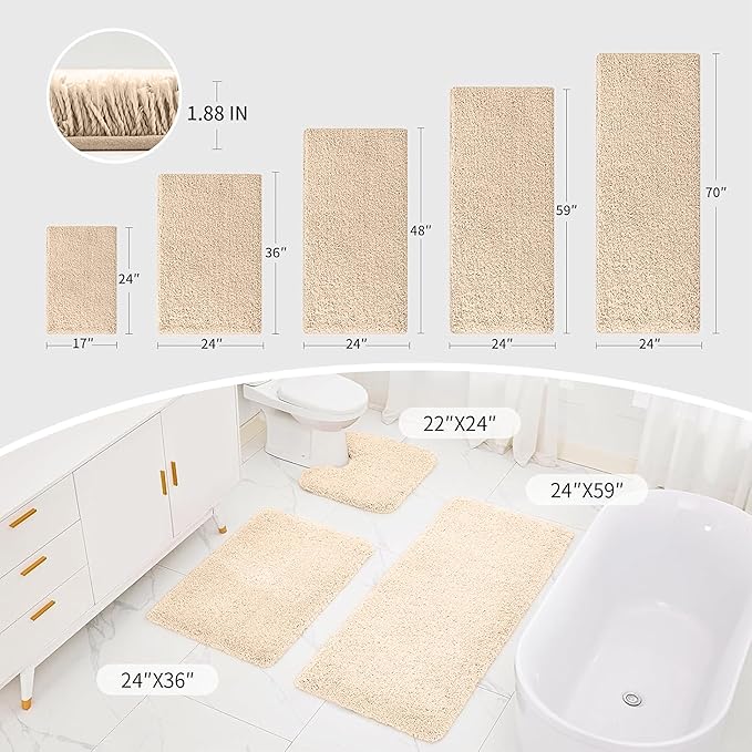 Beige bathmats in various sizes displayed in a modern bathroom setting with labeled dimensions.