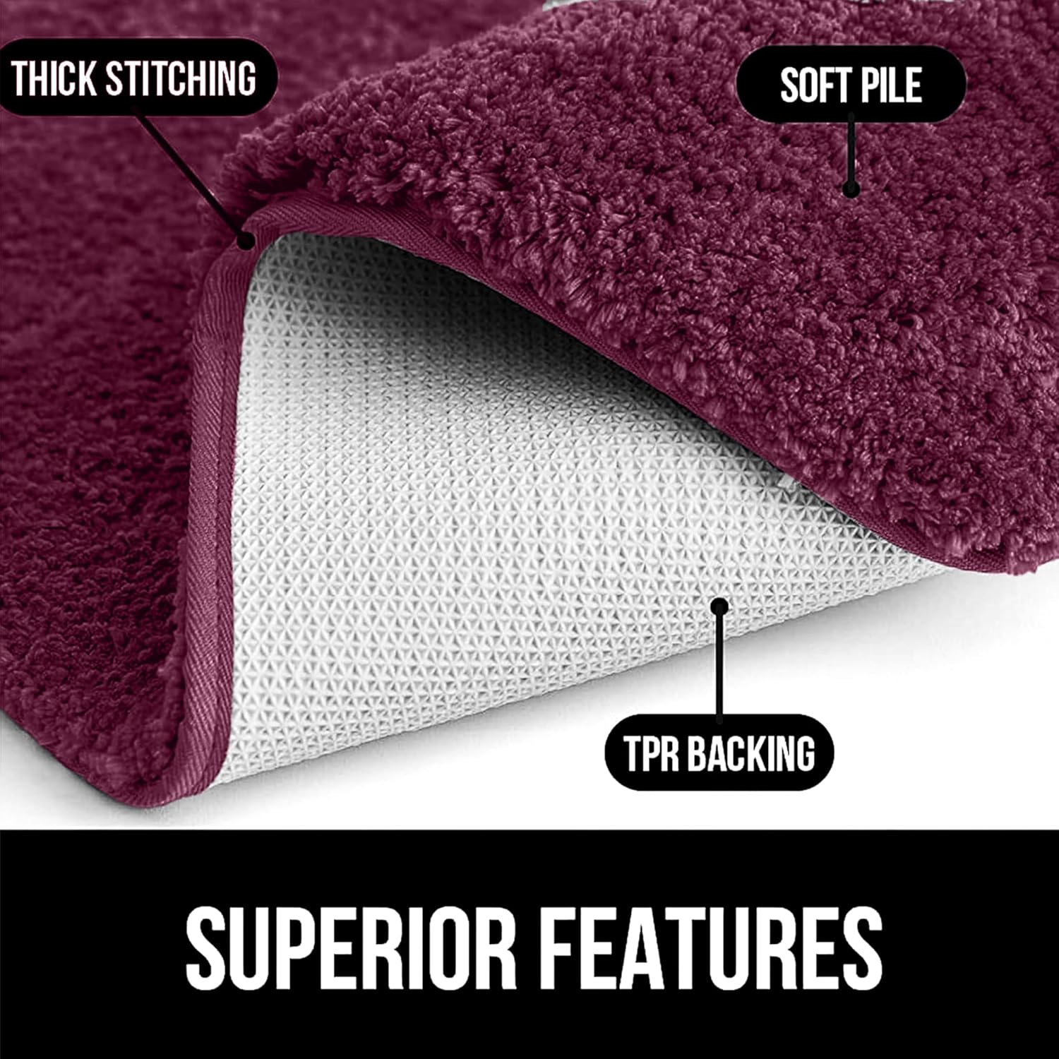 Maroon bathmat with thick stitching, soft pile, and non-slip TPR backing, bedroom essentials