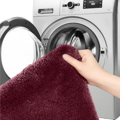 Hand holding a plush maroon bathmat in front of a washing machine