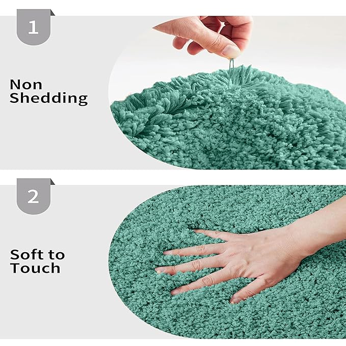 Green bathmat close-up showing non-shedding fiber and soft texture with hand touch.
