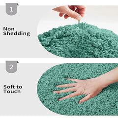 Green bathmat close-up showing non-shedding fiber and soft texture with hand touch.