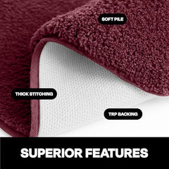 Close-up maroon bathmat with soft pile, thick stitching, and TRP anti-slip backing