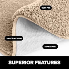 Beige bathmat with soft pile, thick stitching, and non-slip TRP backing, close-up view.