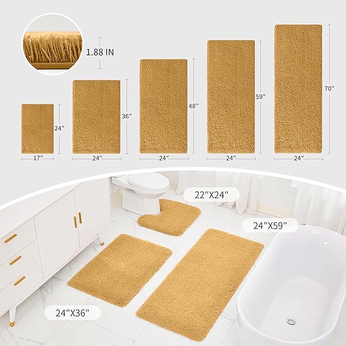Various sizes of gold plush bathmats displayed in a modern bathroom with bathtub and toilet.